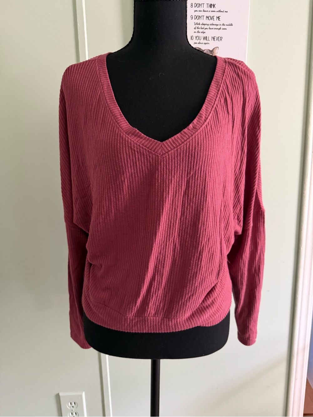 V-neck Ribbed Long Sleeve Sleepwear Top - Dusty Rose Size S
